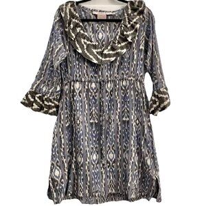 Gretchen Scott Women’s Ruffle Neck Cotton Dress Size XS Aztec Print Black Purple